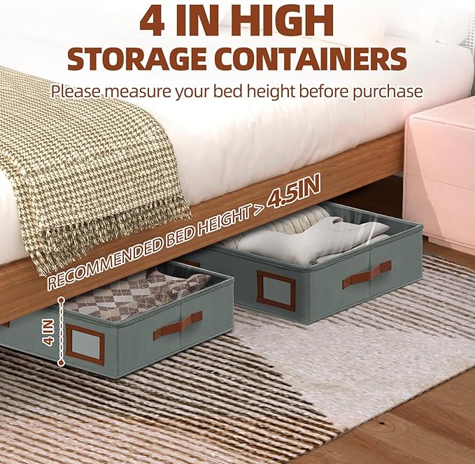 4 Inch Under Bed Storage Containers, 2 Pack Large Underbed Storage Bins w/Clear Lid & Sturdy Sidewall, Foldable Closet Organizer for Dorms, Bedroom, Clothes, Shoes, Bed Sheets, Blankets (Grey)
