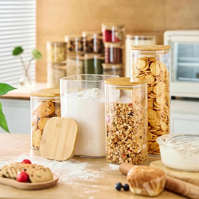 Extra Large Square Glass Flour & Sugar Storage Containers with Airtight Lids, 168oz 2 Pack Glass Jars with Bamboo Lids, Air tight Pantry Food Storage Containers for Cereal, Pasta, Rice Organizers