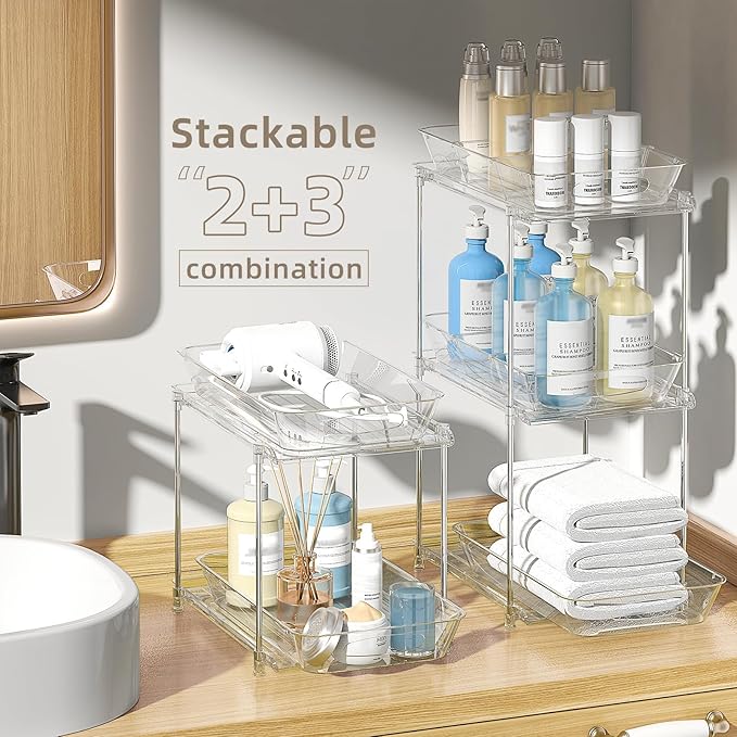 Sevenblue Under Sink Organizer, Bathroom Organizers and Storage, 2 Tier Multi-Use Pull Out Cabinet Organizer with Hang Hooks and Cups (transparent, 2 Pack)