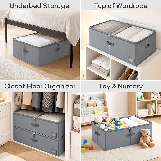 10-Inch Under Bed Storage Containers (3-Pack) | Sturdy Sidewalls | Clear Cover & Label Holder | Foldable Closet Organizer | Stores Clothing/Blankets/Wrapping Paper/Toys
