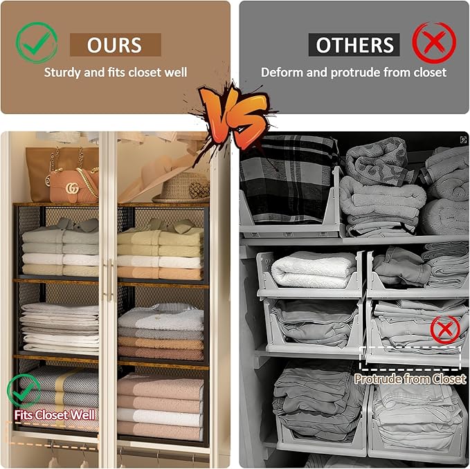 3 Pack Stackable Closet Organizers and Storage Basket, Closet Shelves with Wood Top Extra Storage, Multifunctional Clothes Organizer Bins/Cube Storage Drawer for Wardrobe Kitchen Laundry Room, Black