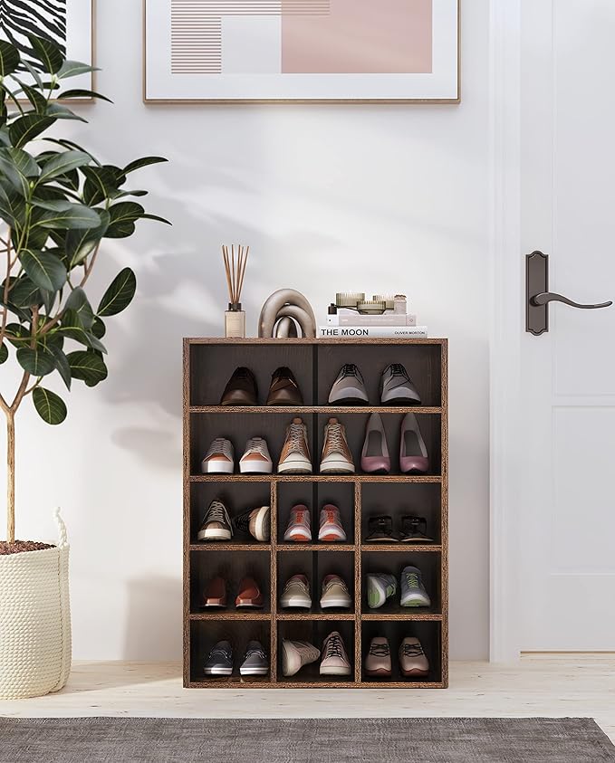 HAIOOU Shoe Rack, 9-Cube Stackable Wood Shoe Cubby Organizer 5-Tier Freestanding Wooden Shoe Stand with 2 Storage Shelf for 10-15 Pairs, Ideal for Apartment, Entryway, Closet Organization - Rustic