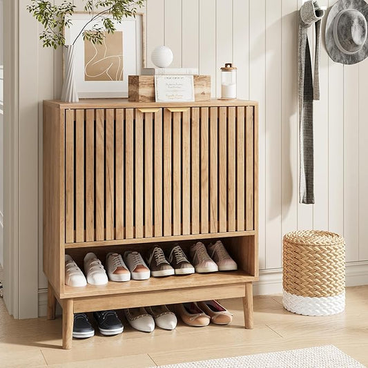 Kiasthome Shoe Storage Cabinet with Adjustable Shelves, Natural Wood, 27.56" W