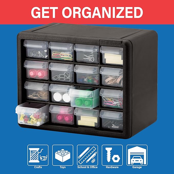 16-Drawer Plastic Drawer Storage Cabinet for Garage Organization, 10116 Black