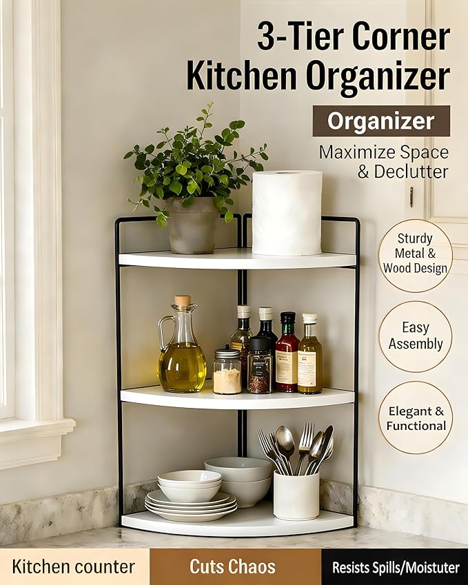 3-Tier Corner Bathroom Countertop Organizer, Solid Pine Wood Vanity Corner Shelf for Skincare & Makeup, Waterproof Standing Rack for Bathroom, Vanity, Kitchen & Dresser, Large 15.7"H, White