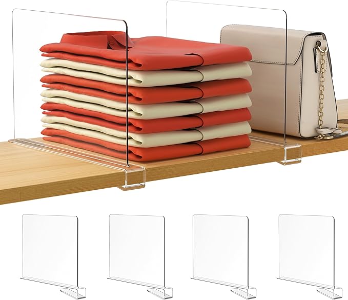 4 Pack Closet Organizers and Storage, Clear Shelf Dividers