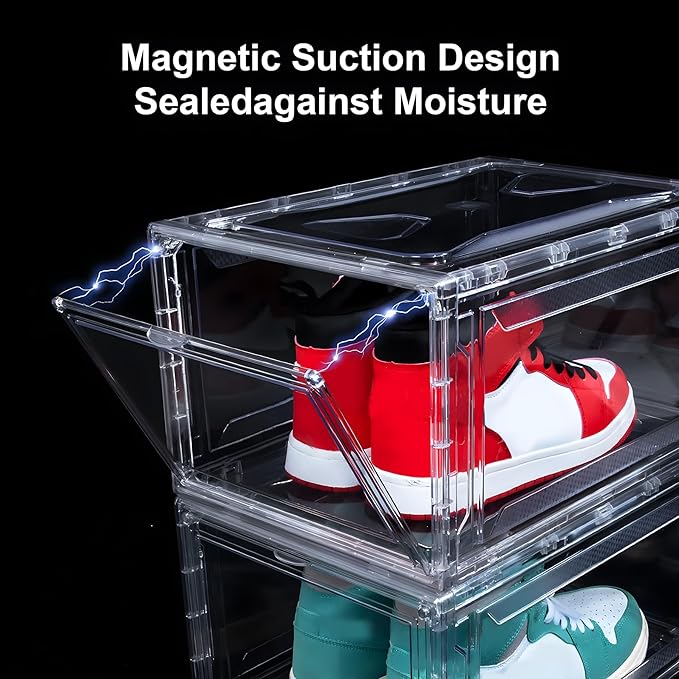 12 Pack Acrylic Clear Shoe Boxes– Ultra Clear Plastic Stackable Sneaker Storage For Sneakerhead. Professional Grade Shoe Display Case with Magnetic Door .Boots and Hat Organizer.Fits US Size 15