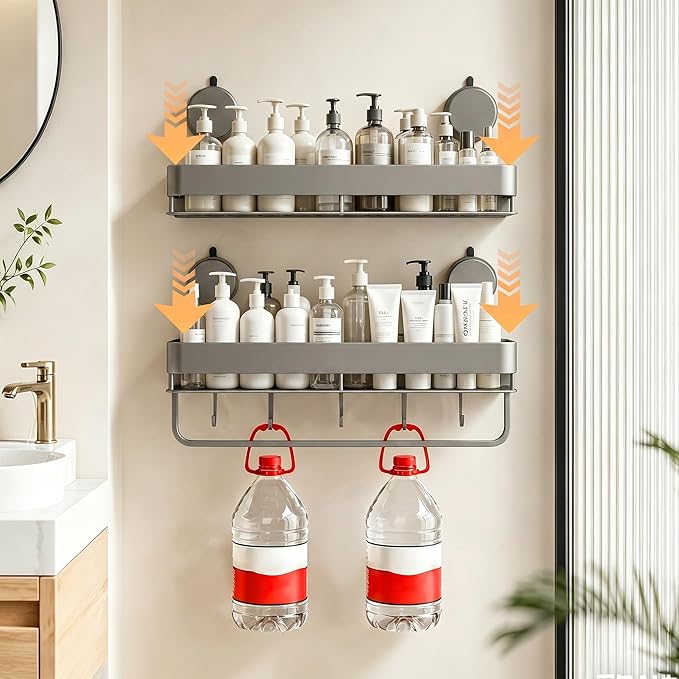 Wide Aluminum Suction Cup Shower Caddy(2-Pack Gray),Shower Shelves for Bathroom Wall,Wall Mounted Bathroom Shelves with Towel Bar & Hooks