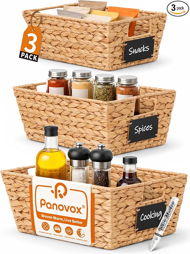 Pantry Organizers and Storage, Water Hyacinth Storage Baskets for Shelves, Natural Baskets for Organizing, Pantry Baskets with Chalkboard Labels and Marker
