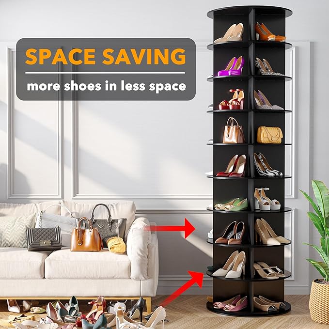 9 Tier Rotating Shoe Rack Tower, Spinning Shoe Display Lazy Susan, 9-Tier Black