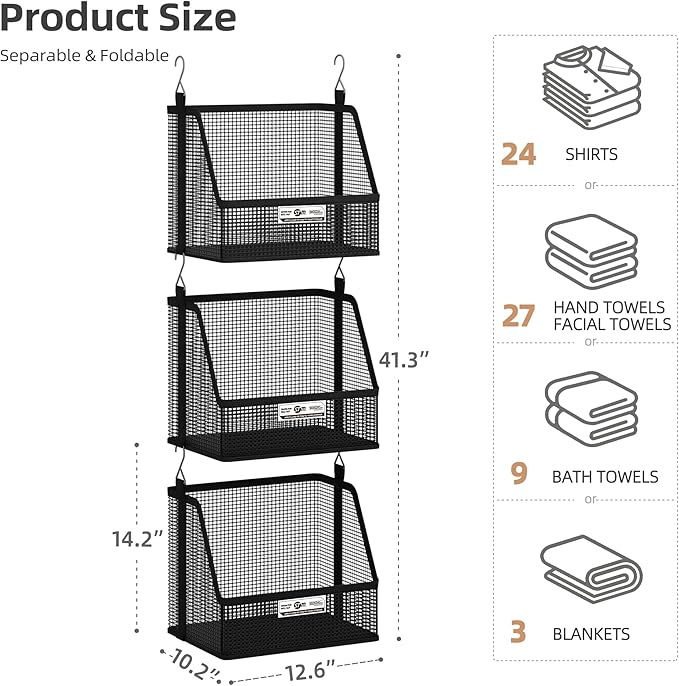 STORAGE MANIAC 3 Tier Hanging Closet Organizer with Mesh Baskets, Clothes Hanging Shelves, Foldable Stackable Storage, Space-Saving Collapsible Basket with Hooks for RV, Dorm, Bedroom, College, Black