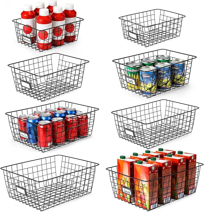 8 Set, Extra Large Wire Baskets for Organizing with Lables