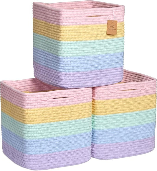 NaturalCozy Storage Cubes 11 Inch Cotton Rope Woven Baskets for Organizing, 3-Pack | Cube Storage Bin | Square Storage Baskets for Shelves Organizer, Classroom, Kids Toy Bins, Closet, Baby Nursery
