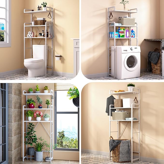 Huhote Over The Toilet Storage Rack with 3-Tier Bathroom Shelves, Space Saver Toilet Shelf, Bathroom Storage Organizer with Hooks for Over Toilet Storage and Shelf (White)