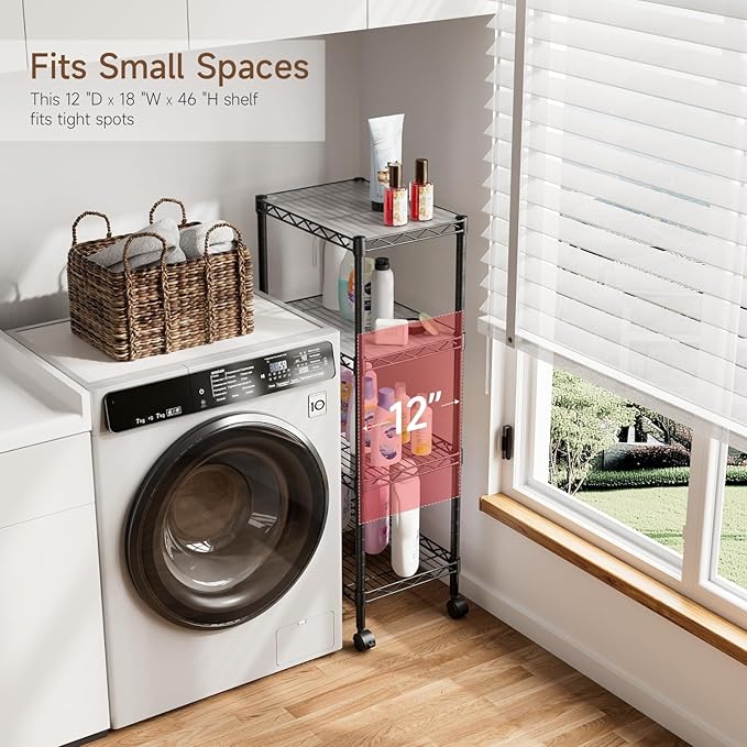 Golpart 4 Tier Adjustable Storage Shelves Metal Utility Shelf Wire Shelving Unit Organizer Rack for Home Kitchen Office Bathroom Pantry Room 12" D x 18" W x 44" H