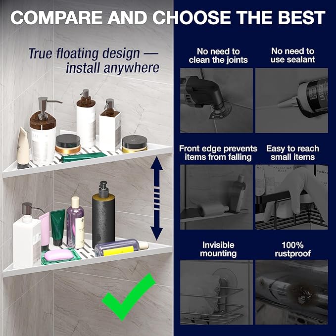 Bathroom Corner Shelves for Shower - Adhesive / Stick / Drill / No Drill - 16" Strong White Floating Corner Shelf for Tiled Wall, Bathroom, Inside Shower Caddy, Shelf Wall Mount Triangular, Organizer