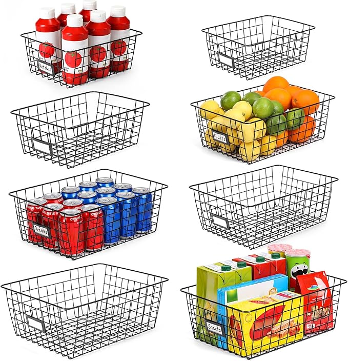 8 Set, Extra Large Wire Baskets for Organizing with Lables