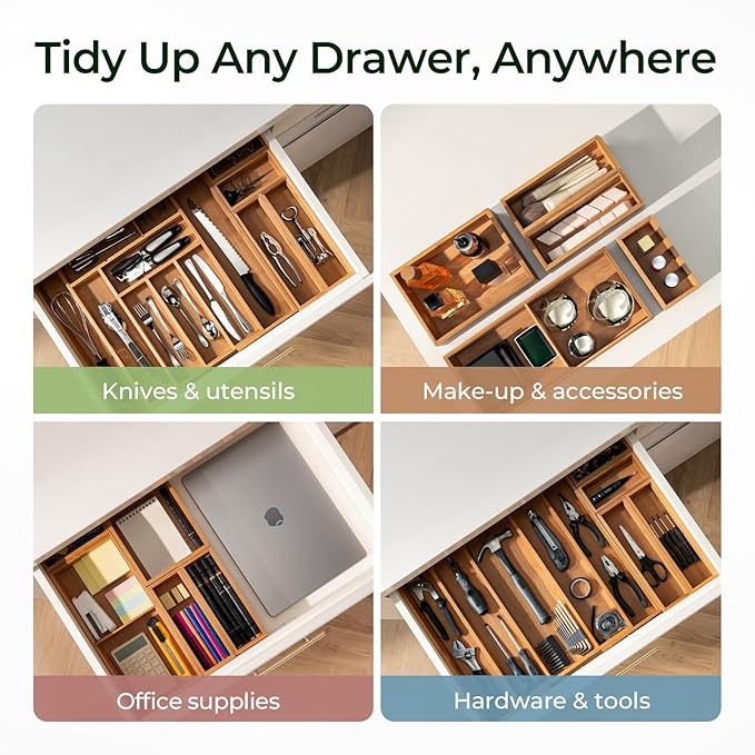 6-Piece Bamboo Drawer Organizer Set, 2.2" Deep Multi-Use Organizers for Utensils