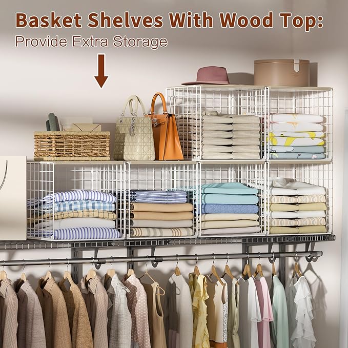 Hencawima 4 Pack Closet Organizers and Storage with Wood Top, Stackable Closet Shelf Organizer, Double Storage Design, Clothes Storage Basket/Cube Organizer for Wardrobe, Sturdy, White