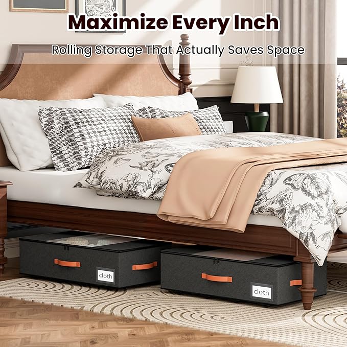 TOSKING 2-Pack Under Bed Storage Drawers with Wheels, 6 Vacuum Bags, 7.9" Height, Large 65L/80 lbs Clear Lid Rolling Bin, 900D Oxford, Space Saver for Dorm Bedroom, Blankets, Clothes, Shoes, Black