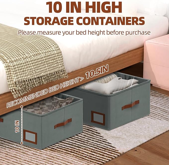 10 Inch Under Bed Storage Containers, 2 Pack Large Underbed Storage Bins w/Clear Lid & Sturdy Sidewall, Foldable Closet Organizer for Dorms, Bedroom, Clothes, Shoes, Bed Sheets, Blankets (Grey)