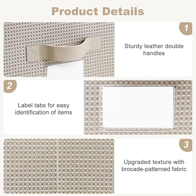 11 Inch Storage Cubes for Organizing, Sturdy Textured Fabric Storage Baskets with Leather Handles & Label Slot, Foldable Closet Shelf Organizer Bins for Clothes, Nursery & Bedroom (4, Beige)