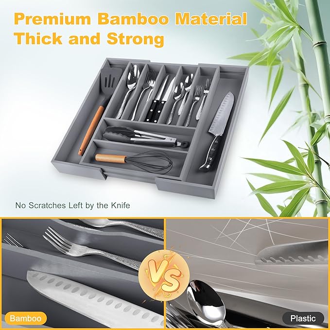 Large Premium Bamboo Silverware Organizer, Grey