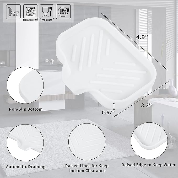 MicoYang Silicone Soap Dish with Drain Spout — Self-Draining Sink Organizer Tray for Bathroom & Kitchen, Holds Bar Soap, Sponges & Dispensers, Non-Slip & Dishwasher Safe, White (Small, 4.9"×3.2")