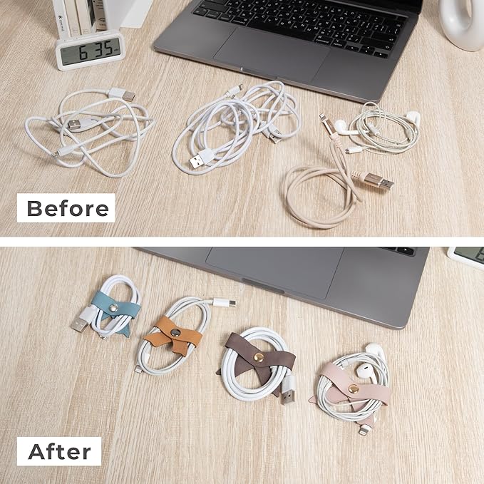 SenseAGE 5 Pack Cord Organizer, Bow Cord Keeper, Cable Organizer USB holder, Leather Cable Management, Cable Straps, Earphone winder, Storage Straps for Electronics, Earbuds (Baby Blue, Small)