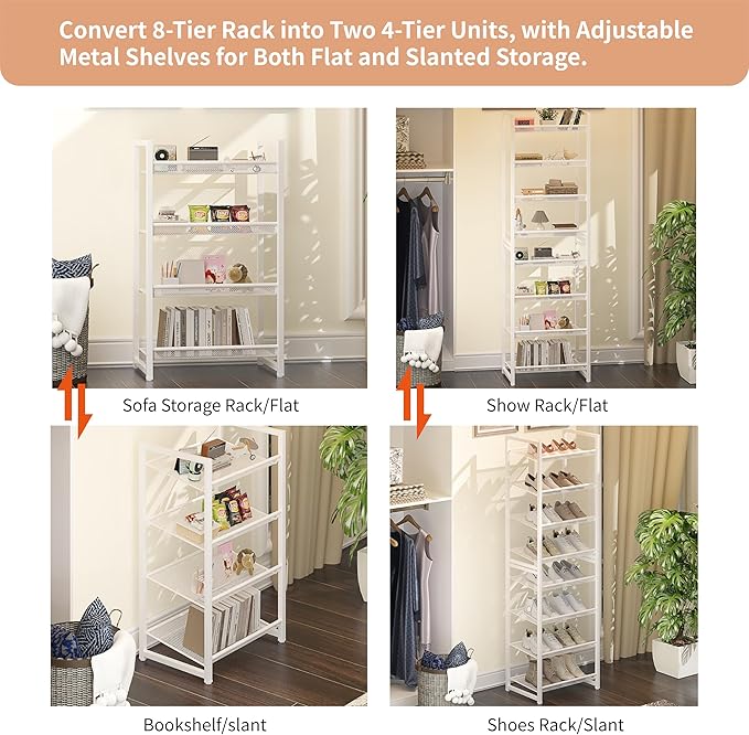 8 Tier Narrow Shoe Rack, Stackable Metal Shoe Storage, Holds 16-20 Pairs, Vertical Shoe Organizer for Garage Closet Entryway, White