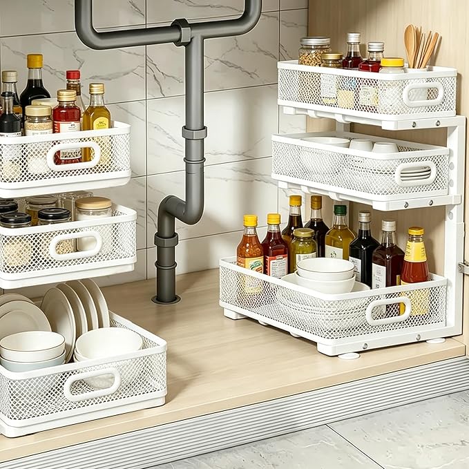 1 Pack 3 Tier Under Sink Organizer, Height Adjustable Heavy Duty Metal Under Cabinet Drawer Pull Out Shelf with Smooth Silent Sliding Design, Organizer and Storag Rack for Kitchen, Bathroom, White
