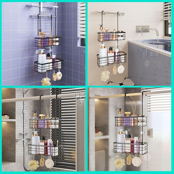 Hanging Shower Caddy Organizer, No Drilling Shower Organizer with Hooks, Black