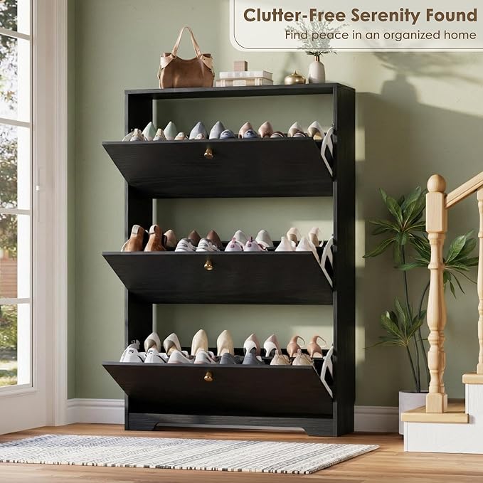Nicetree Shoe Cabinet with 3 Flip Drawers, Narrow Shoe Organizer Cabinet, Freestanding Shoe Rack Cabinet, Modern Shoe Storage Cabinet for Entryway, Hallway, Foyer, Black