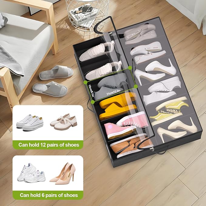 Under Bed Shoe Storage with Wheels, Fits 24 Pairs, Black