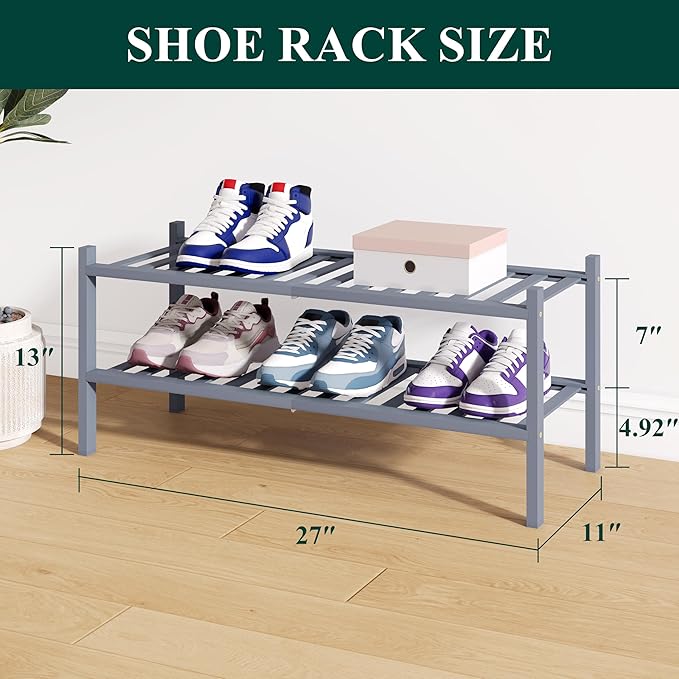 Smiry Bamboo Shoe Rack for Closet, 2 Tier Wooden Shoe Organizer, Stackable Wood Shoe Storage Shelf for Entryway, 14 Vertical Slats, One-piece Heavy-Duty Legs, 26.77"x11.02"x12.99", Grey