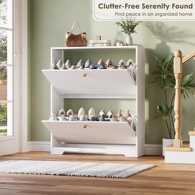 Nicetree Shoe Cabinet with 2 Flip Drawers, Narrow Shoe Organizer Cabinet, Freestanding Shoe Rack Cabinet, Morden Shoe Storage Cabinet for Entryway, Hallway, Foryer, White