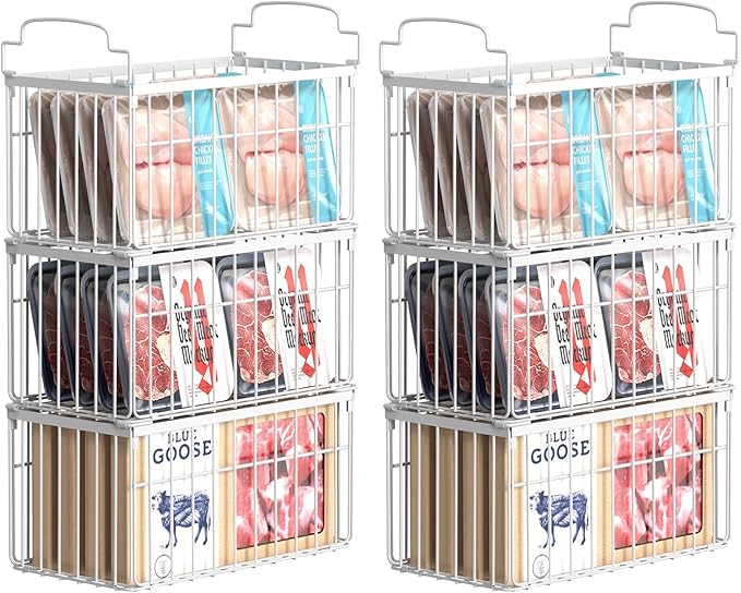Freezer Organizer Bins, 6 Pack Stackable Deep Chest Freezer Organizer Bins, Foldable Freezer Baskets with Handles, White Freezer Storage Organizer Baskets for 7 Cu.FT Deep Freezer Sort Frozen Meats