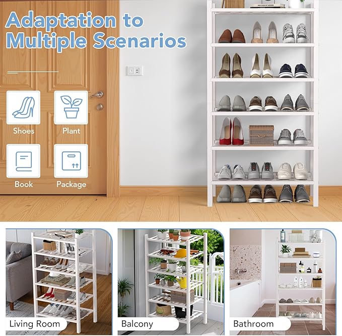 Haddockway Small 6 Tier Bamboo Shoe Rack Storage Organizer,Multifunctional Free Standing Stackable Shoe Shelf with Grid Panel for Closet,Hallway,Entryway,Small Space 18"x11"x34"
