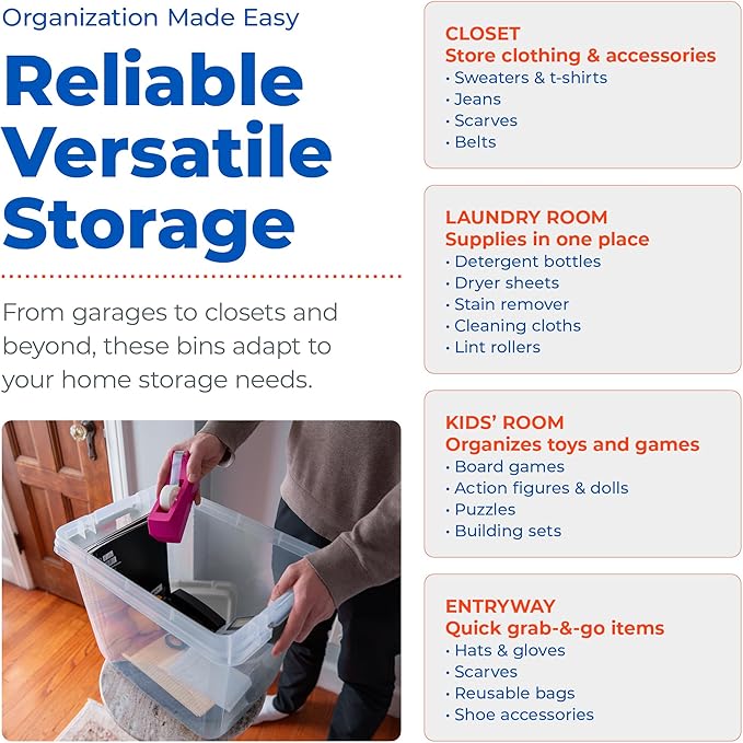 Hefty 32 Qt Hi-Rise Storage Bin with Lid, Stackable Plastic Storage Container, Organizer for Home, Garage & Closet, 6 Pack, Gray
