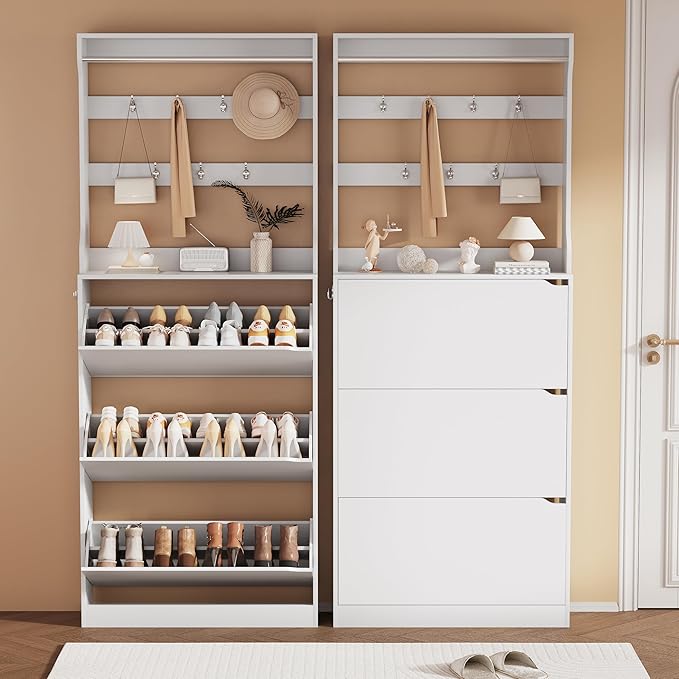 Shoe Cabinet for Entryway, White, 31.5 * 9.37 * 78.74 Inch, 3 Flip Drawers, 3 Shelves, Modern Style