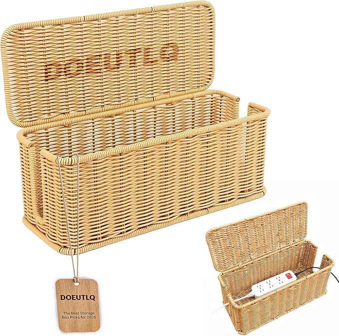 Desk Organizer Decorative Rattan Decor Countertop Cable Management Box Charging