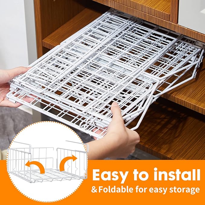 Under Shelf Basket Storage, Steel Under Shelf Hanging Wire Baskets Shelves for Laundry Room Kitchen Desk Pantry Bookshelf (White, 4 Pack)