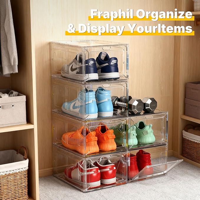 1 Pack Drop Front Shoe Box for Men’s Sneakers, Stackable Magnetic Display Case, Large Size for Up to US 13, Clear-Black Organizer – 13.5 x 10.55 x 7.5 Inches