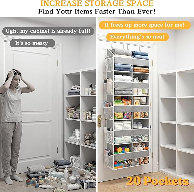 2 Pack Over The Door Organizer 5 Tiers, Extra Large Behind Door Storage of 10 Compartments, 80 lbs Weight Capacity Over Door Organizer, Door Hanging Organizer for Closet, Diaper Organizer, Light Gray