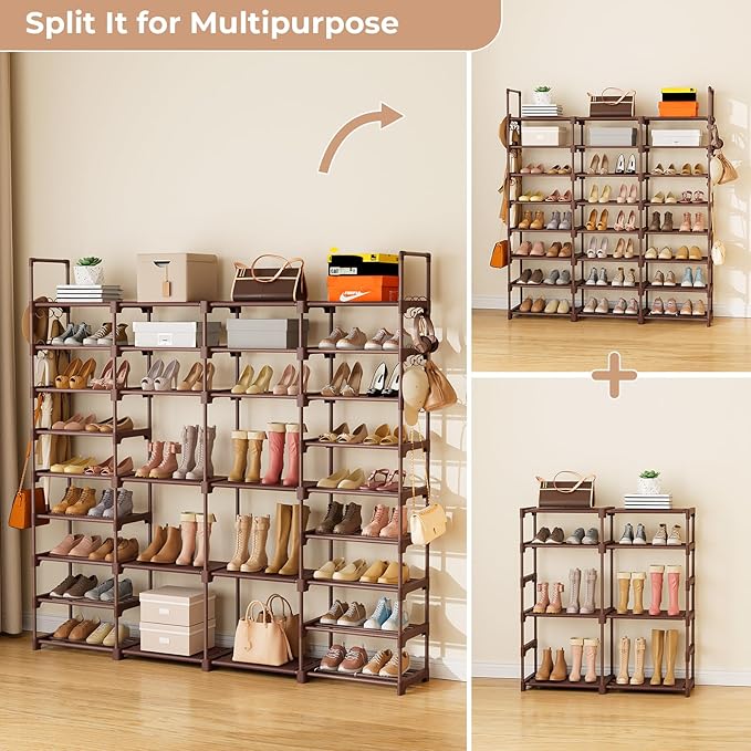 ROJASOP Large Shoe Rack Organizer for Entryway Closet 64-68 Pairs 9-Tier Heavy Duty Tall Garage Shoe Rack Shoe Shelf Shoes Storage with 18 Pcs Removable Side Hooks for Bedroom and Garage Brown