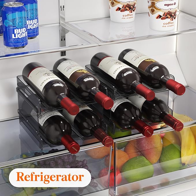 Lifewit Plastic Stackable Wine Rack for refrigerator, Cabinet, Countertop,Wine Bottle Holder, Water Bottle Organizer for Fridge, Pantry, Black, Hold 4 Bottles