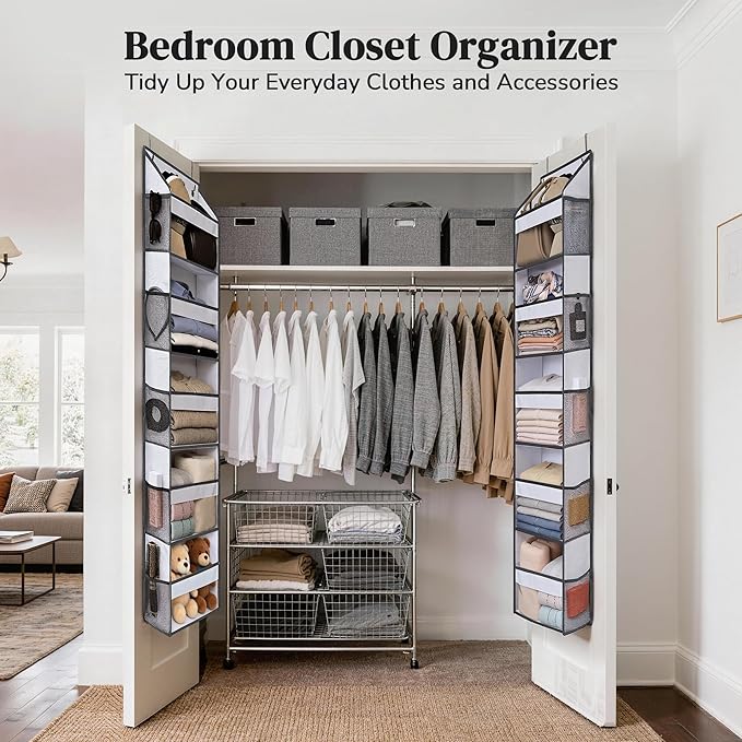 5 Tiers Ultra-thin Over Door Organizer with 10 Mesh Side Pockets, 44 lbs Weight Capacity Hanging Storage Organizer with Clear Window Kids Toys, Shoes, Diapers, White & Grey
