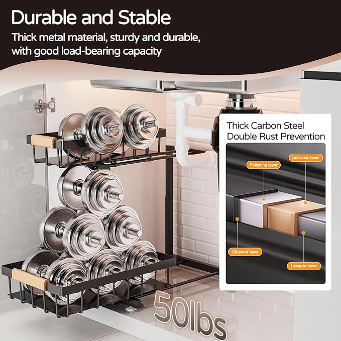 ADBIU Under Sink Organizer, 2 Pack 2 Tier Expandable Height (13.2" - 17.2") Pull Out Kitchen Bathroom Cabinet Organizers and Storage Shelf