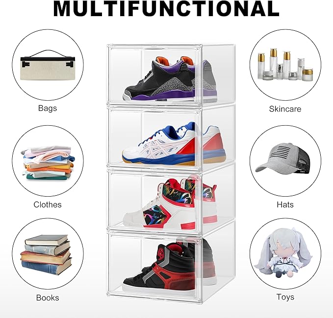 Clear Shoe Boxes Plastic Stackable ‌Shoe Cabinet‌ with Acrylic Magnetic Lids Drop Side Sneaker Display Case for Closet, Entryway, Fits Men's or Women's Shoes up to Size 12.5 (14.17''x10.62''x8.07'')