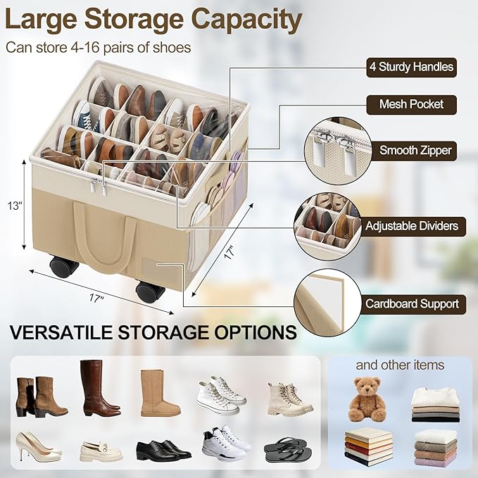 2 Pack Large Shoe Organizer for Closet, Adjustable Dividers Shoe Storage Box Bins with Wheels Clear Cover Reinforced Handle Side Pocket Fits up to 32 Pairs, Foldable Shoe Organizer for Entryway Beige